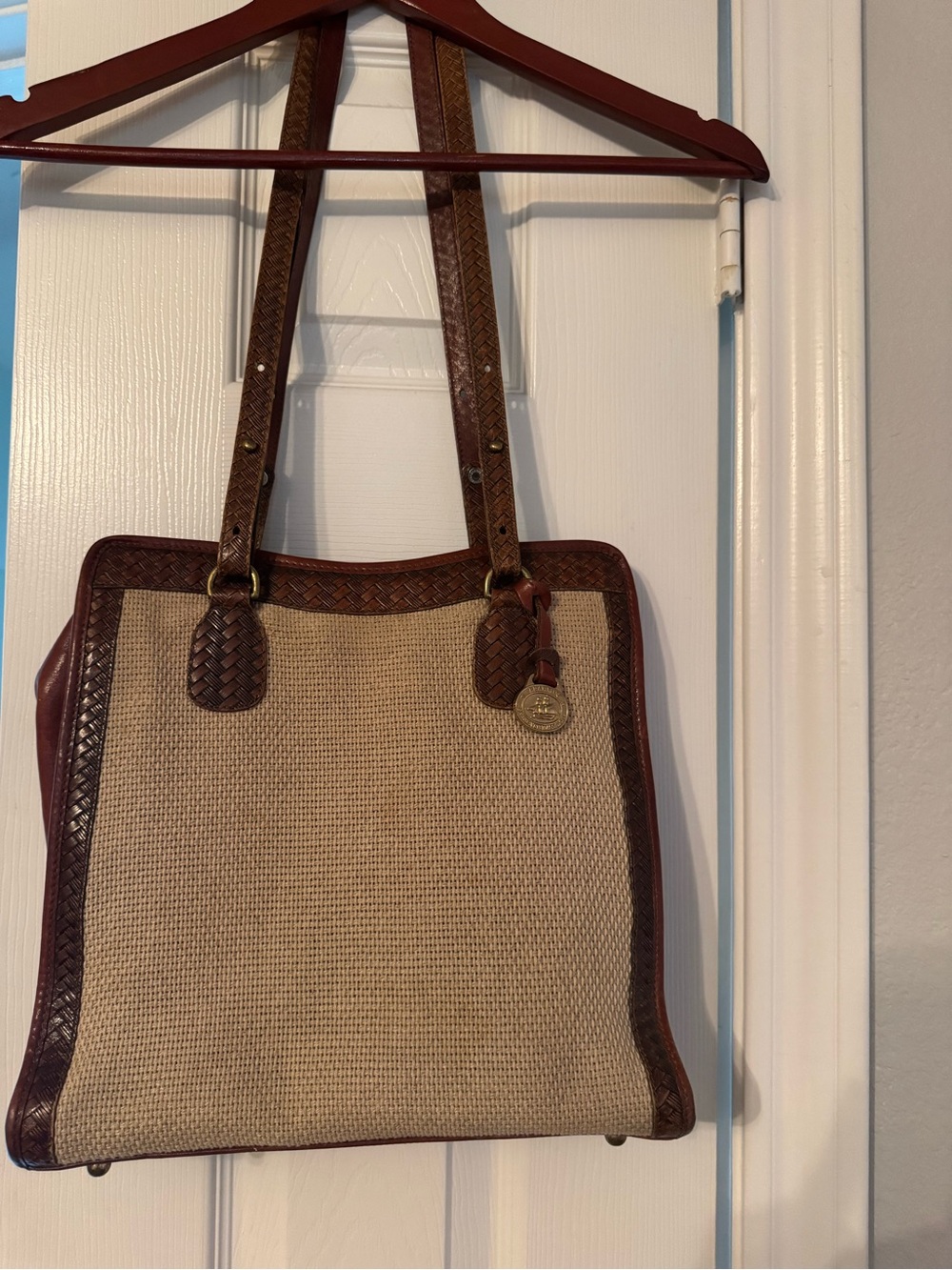 Brahmin Beige Canvas Tote with Brown Braided Leather Trim